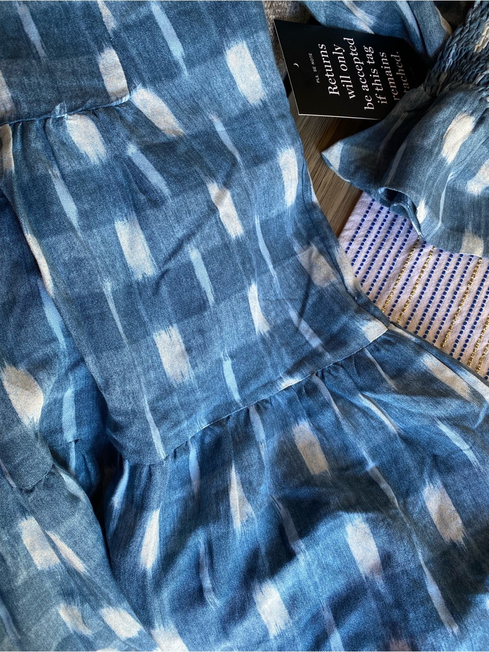 Tuckernuck x Pomander Place Blue Ikat Kenzo Dress Mini Tiered Smocked Cuff Sz L - Picture 14 of 16